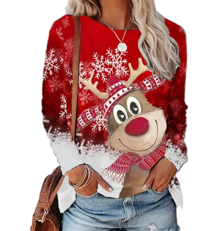 Mysig damtröja med festligt julmotiv, perfekt för varma julfiranden och vinterdagar.