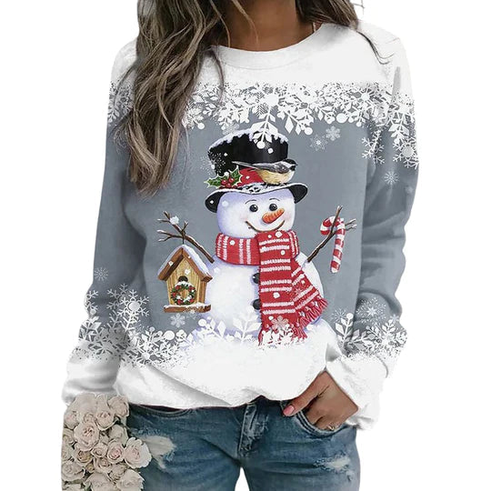 Mjuk stickad snögubbetröja för kvinnor. Varm, bekväm vintertröja med lekfull design, idealisk för jul.