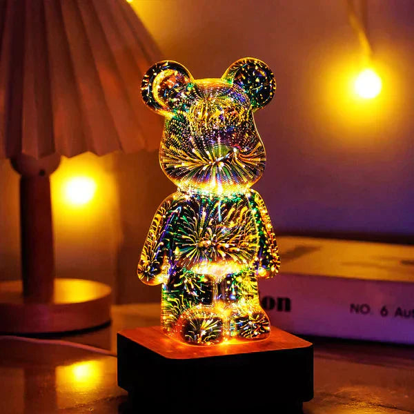 Nattlampa med 3D-fyrverkeri och nallebjörn, mysig belysning för barnrummet.