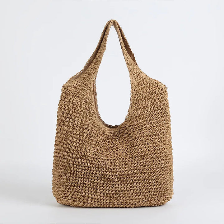 Brun-beige axelväska, stor strandväska med solkysst look, idealisk för sommaren.