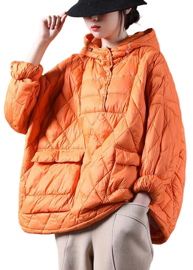 Orange plus size pulloverjacka med huva för dam, varm pufferjacka, perfekt för vardag.