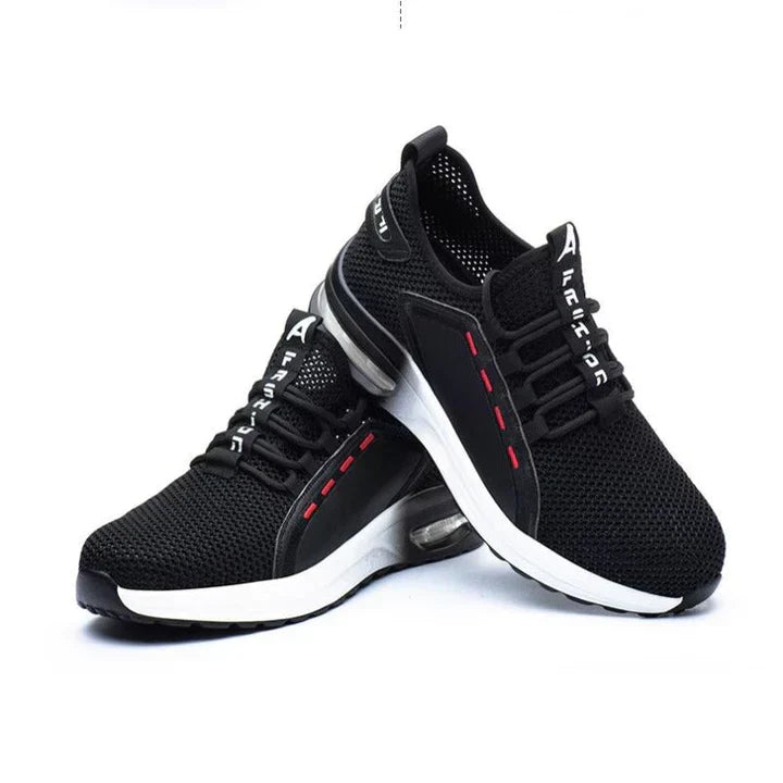 "Ortopediska skyddsskor herr i svart, bekväma med ståltåhätta, andningsbart tyg och stötdämpande sula."