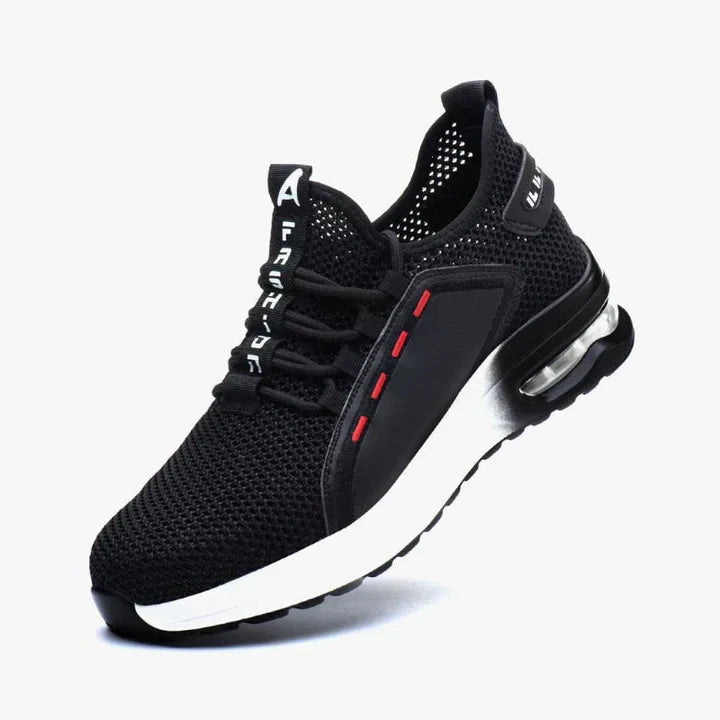 "Ortopediska skyddsskor herr i svart, bekväma med ståltåhätta, andningsbart tyg och stötdämpande sula."