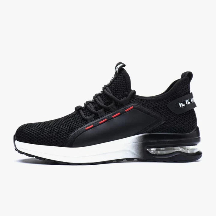 "Ortopediska skyddsskor herr i svart, bekväma med ståltåhätta, andningsbart tyg och stötdämpande sula."