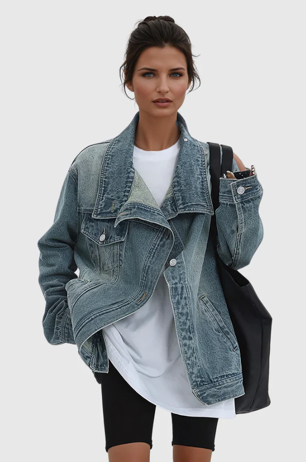 Damernas jeansjacka, oversized med utmärkande hög krage, bekväm passform, trendig för våren.