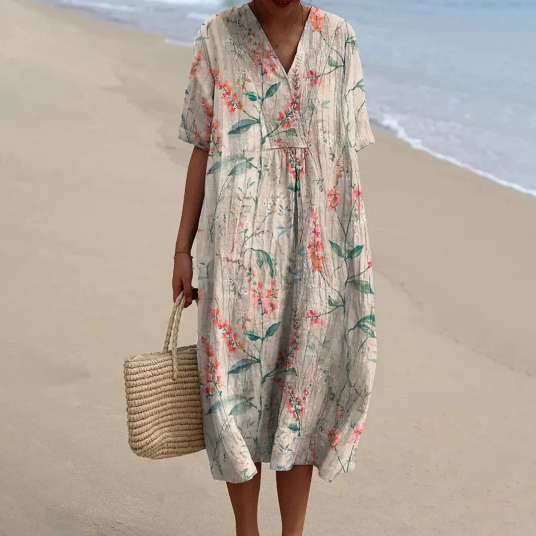 Semesterklänning med blommor, plus size skjortklänning, kort ärm, bekväm att bära vid strand.