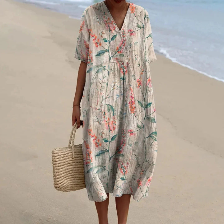 Semesterklänning med blommor, plus size skjortklänning, kort ärm, bekväm att bära vid strand.