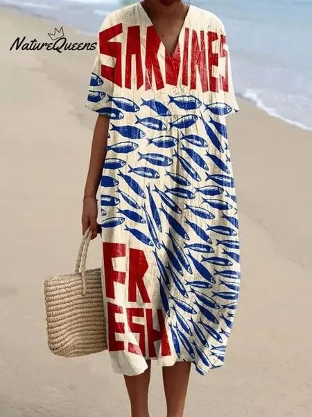 Marint mönstrad plus size klänning, kortärmad med fickor. Perfekt sommarklänning för kvinnor.
