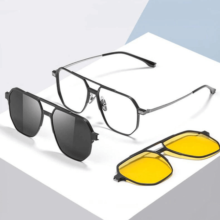 Mångsidiga 3-i-1 solglasögon med magnetiska clip-on linser, polariserade för optimal sikt.