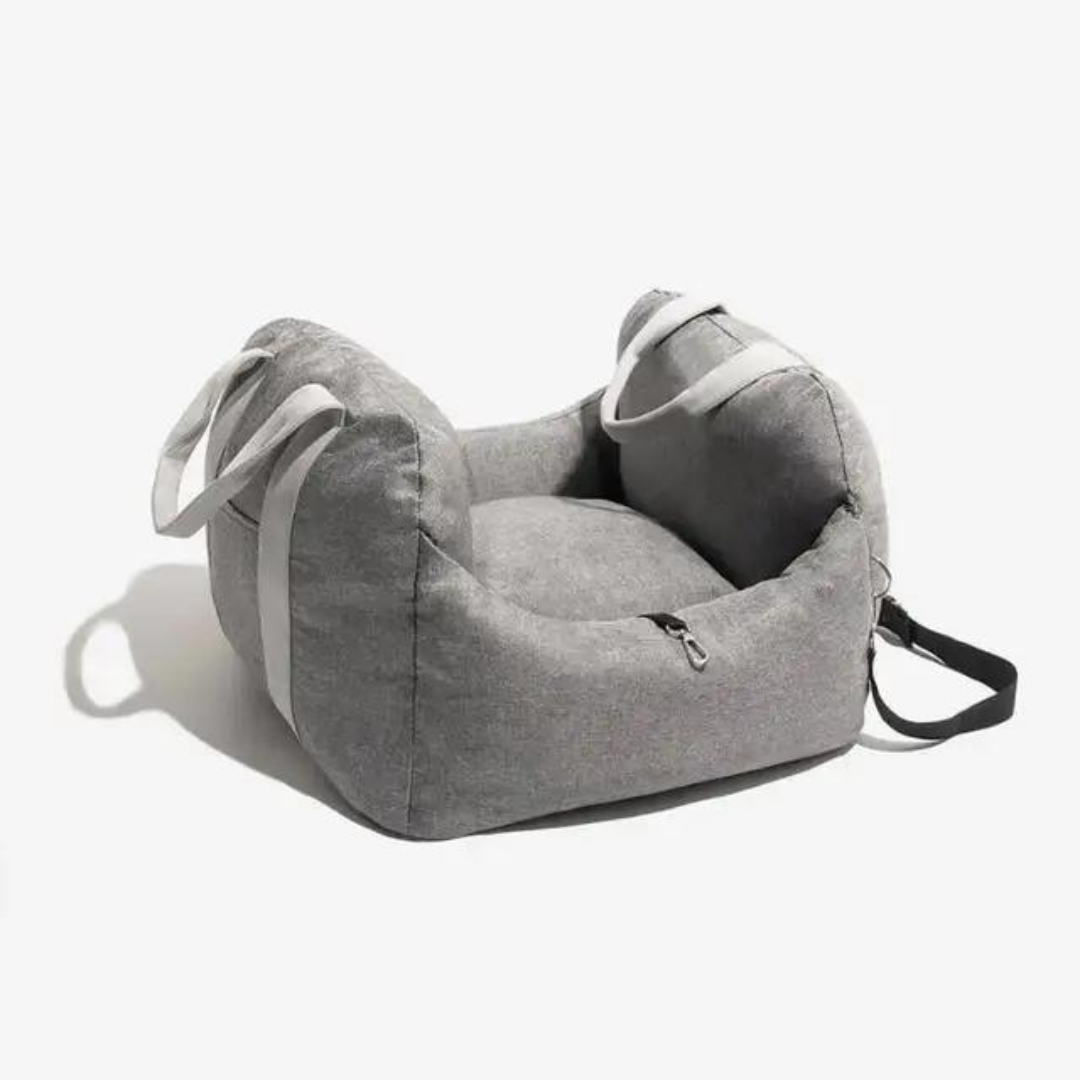 Portabel bilbarnstol för hund, ljusgrå nylon. Säker och bekväm hundstol för bilresa.