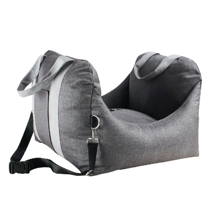 Praktisk hundbilbarnstol, portabel design för enkel transport. Beige nylon, maximerar säkerhet och komfort.