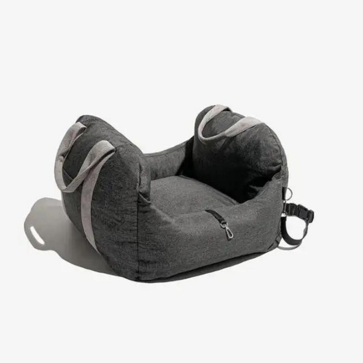 Säker bilbarnstol för hund, portabel och mjuk. Mörkgrå nylon för bekväma bilresor med husdjur.