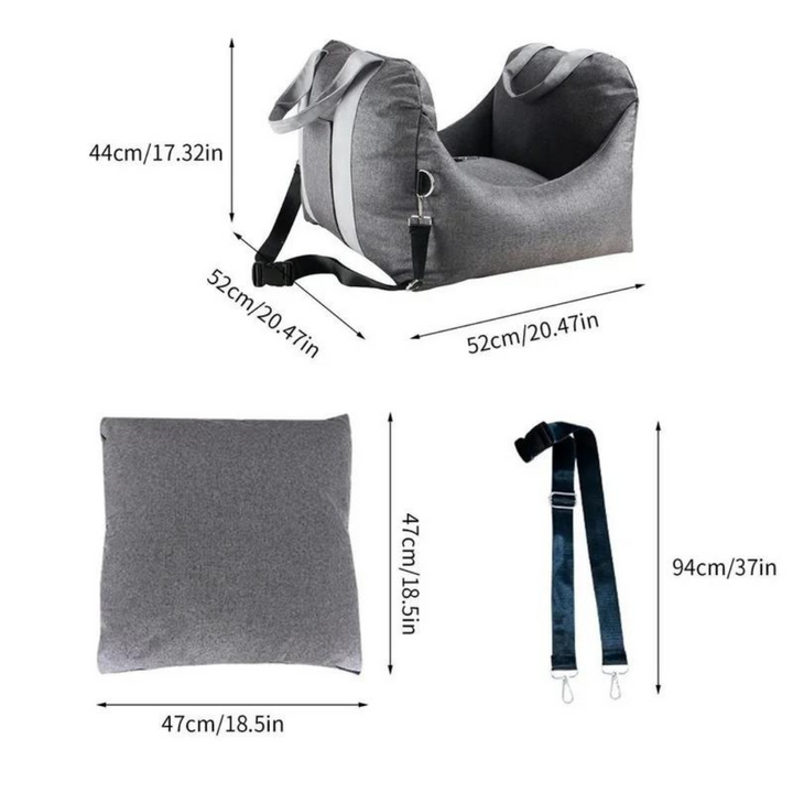 Hundens säkerhet i fokus med portabel bilbarnstol. Mörkgrå nylon, trygg och bekväm för bilresa.