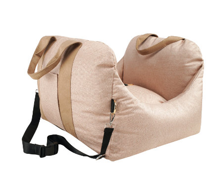 Portabel hundstol för bil i beige/ljusgrå nylon. Säkerställer trygg och komfortabel bilresa för din hund.