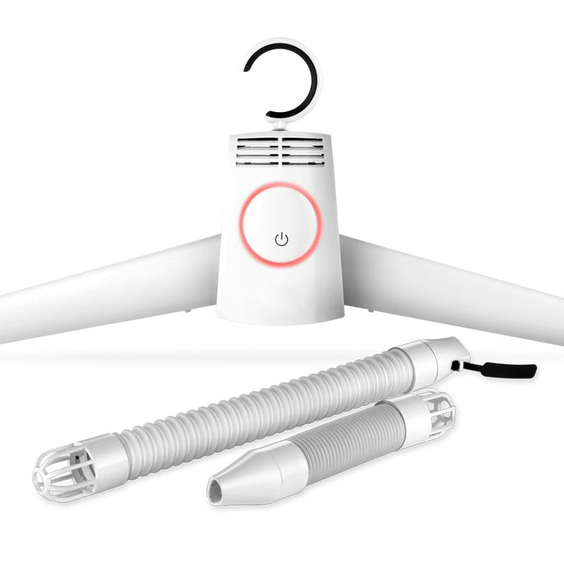 Portabel elektrisk klädtorkhängare i action, perfekt för snabb torkning av skjortor på resan.