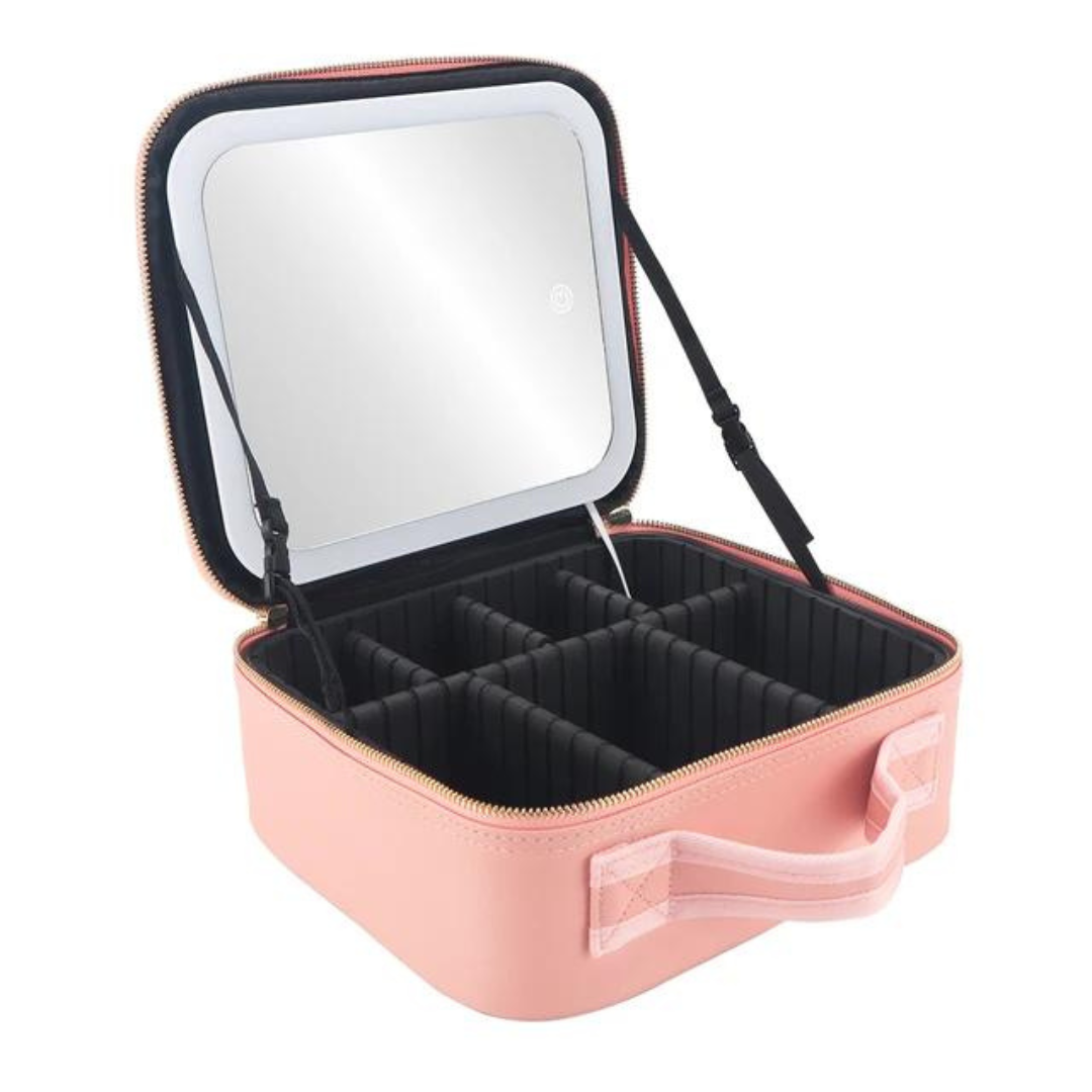 Portabel kosmetikväska med justerbar LED-spegel för sminkning, idealisk för resor och förvaring av makeup.