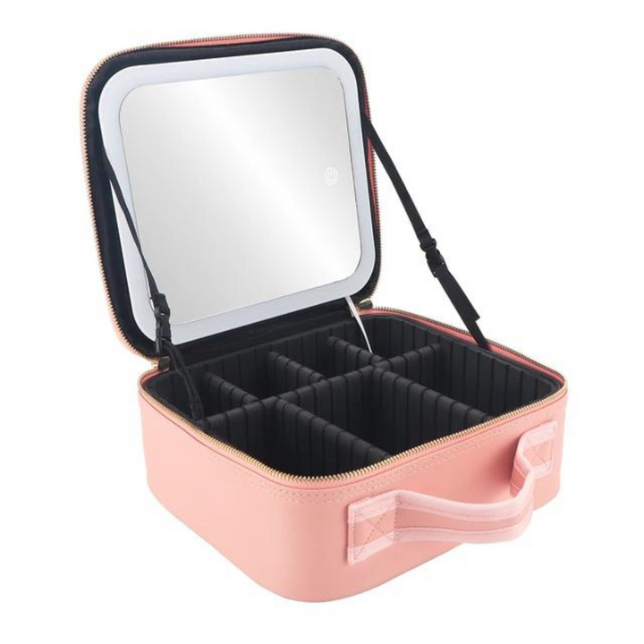 Portabel kosmetikväska med justerbar LED-spegel för sminkning, idealisk för resor och förvaring av makeup.