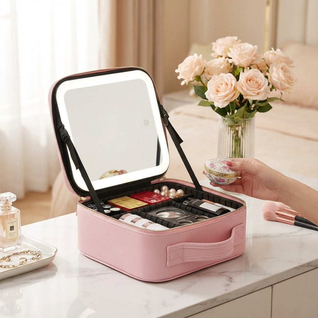 Portabel sminkstation med LED-ljus & spegel. Perfekt för makeup, resväska, organisering av kosmetika.