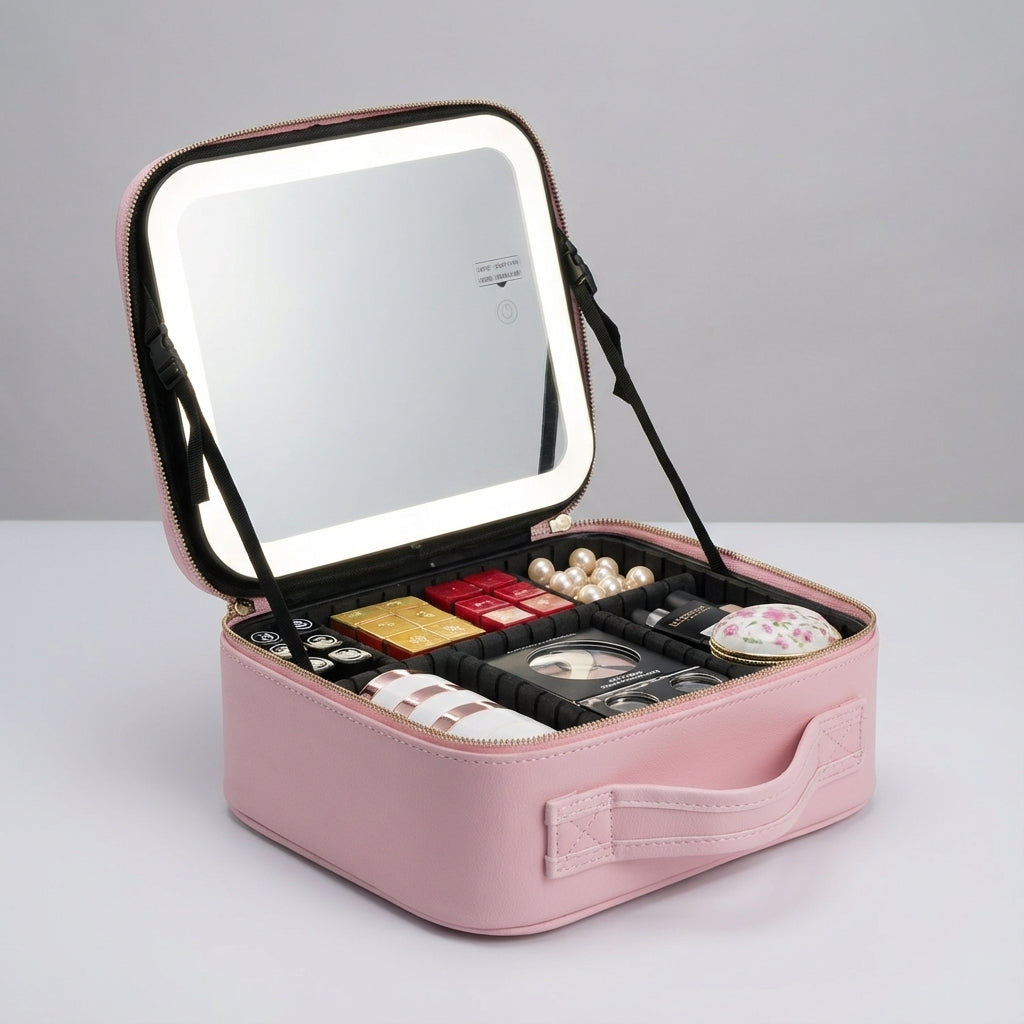 Resvänlig kosmetikväska med inbyggd LED-spegel, förvaring för makeup. Uppladdningsbar sminkorganisering.