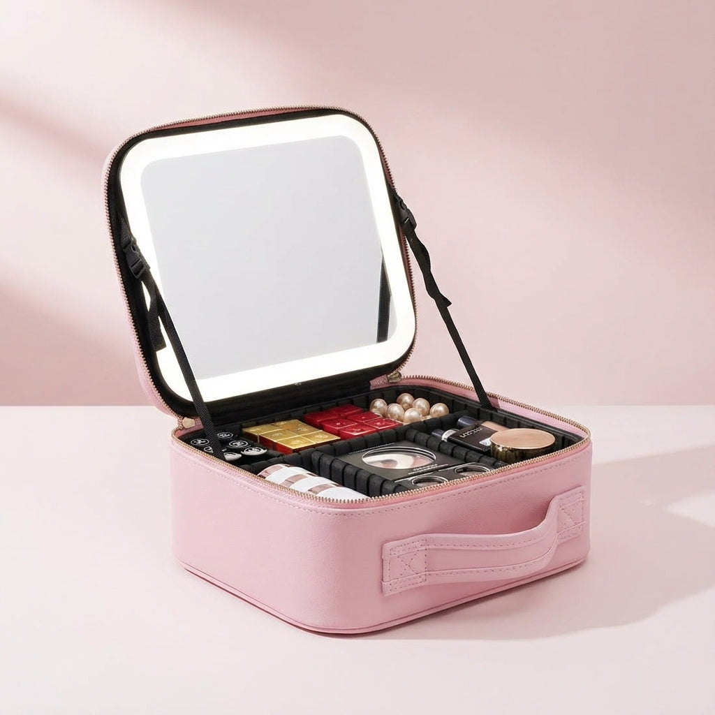 Elegant sminkväska med LED-belysning & spegel för optimal skönhet. Portabel förvaring för all din makeup.