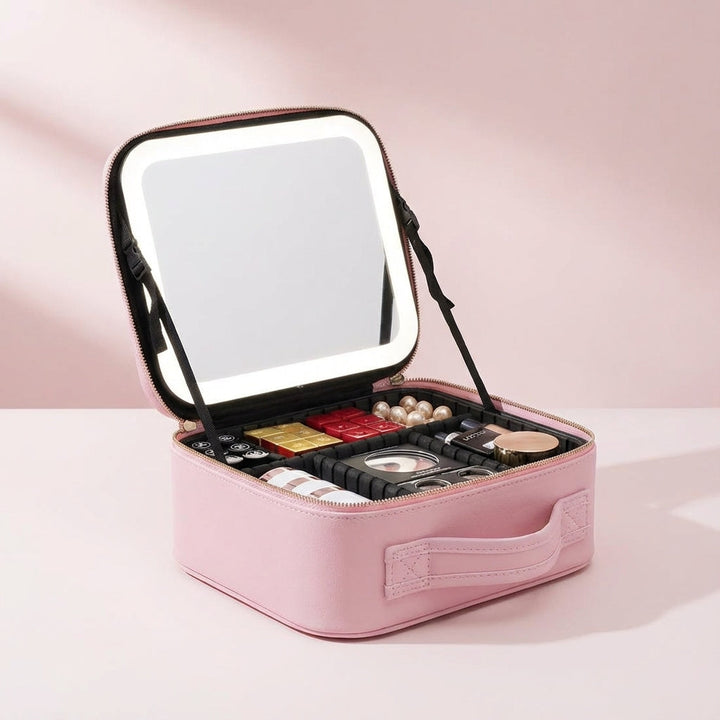 Elegant sminkväska med LED-belysning & spegel för optimal skönhet. Portabel förvaring för all din makeup.
