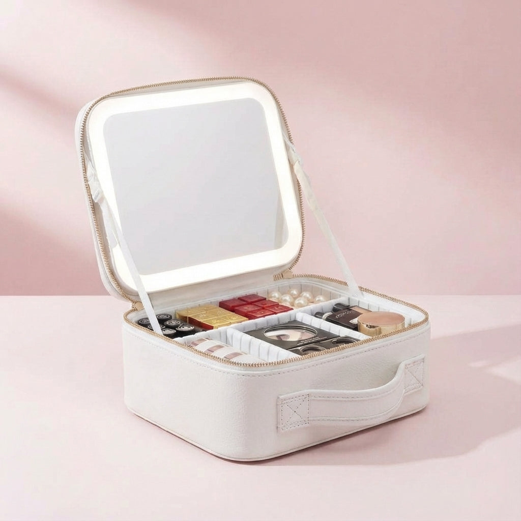 Professionell portabel sminkstation, med inbyggd LED-spegel. Perfekt för makeup artister och resor.