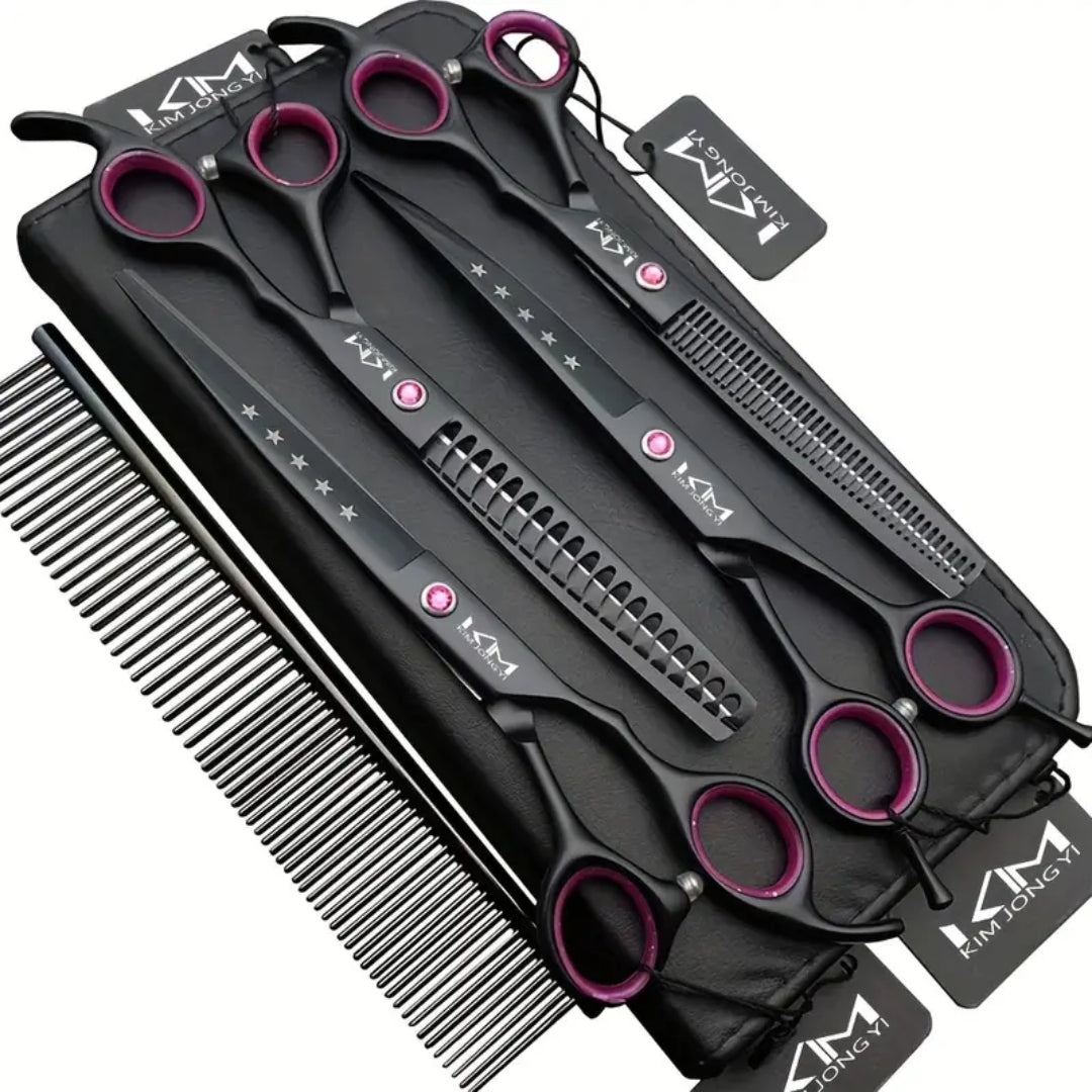 Professionellt groomingkit med rostfria trimningssaxar för hundar & katter. Idealisk för pälsvård & djurtrimning.