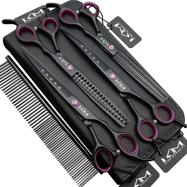 Professionellt groomingkit med rostfria trimningssaxar för hundar & katter. Idealisk för pälsvård & djurtrimning.