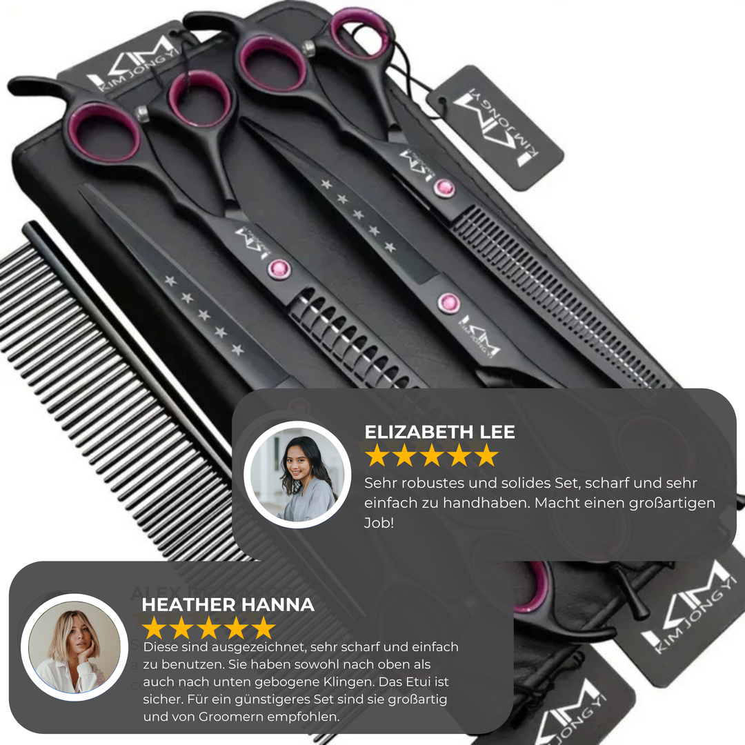 Komplett groomingkit för hundar & katter. Innehåller professionella djursaxar i rostfritt stål för all pälsvård.