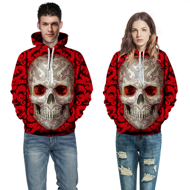 Röd herr huvtröja med vitt dödskalle tryck, perfekt för en unik streetwear look.