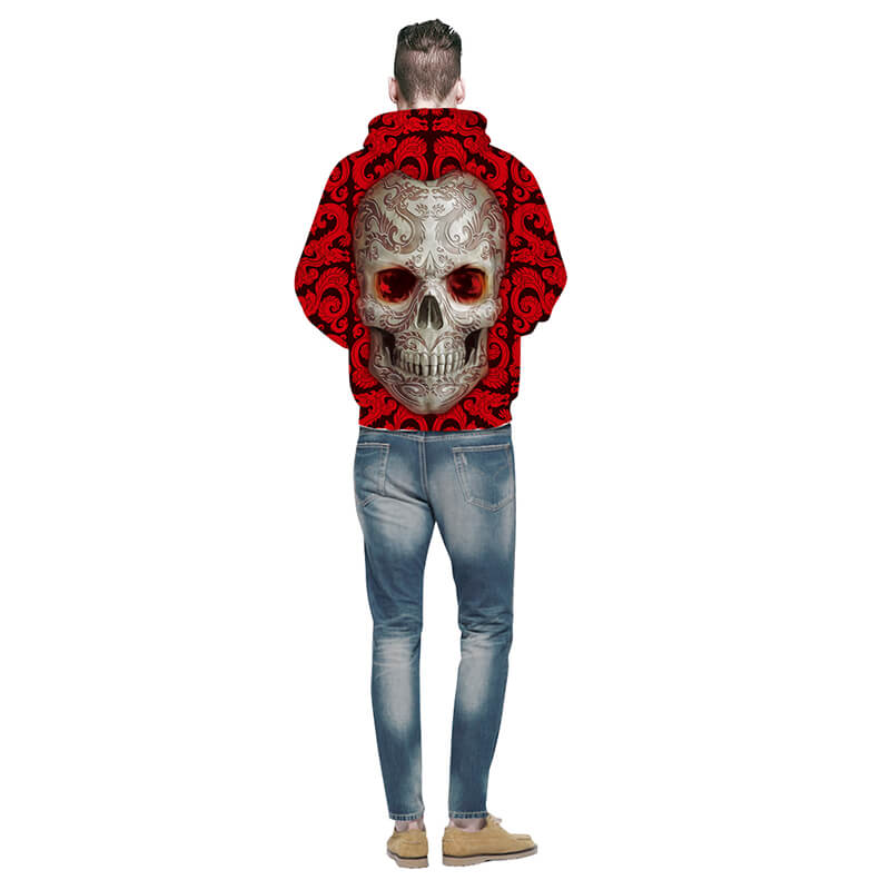 Stilren röd herr huvtröja med unikt dödskallemönster; perfekt för vardag eller streetwear.
