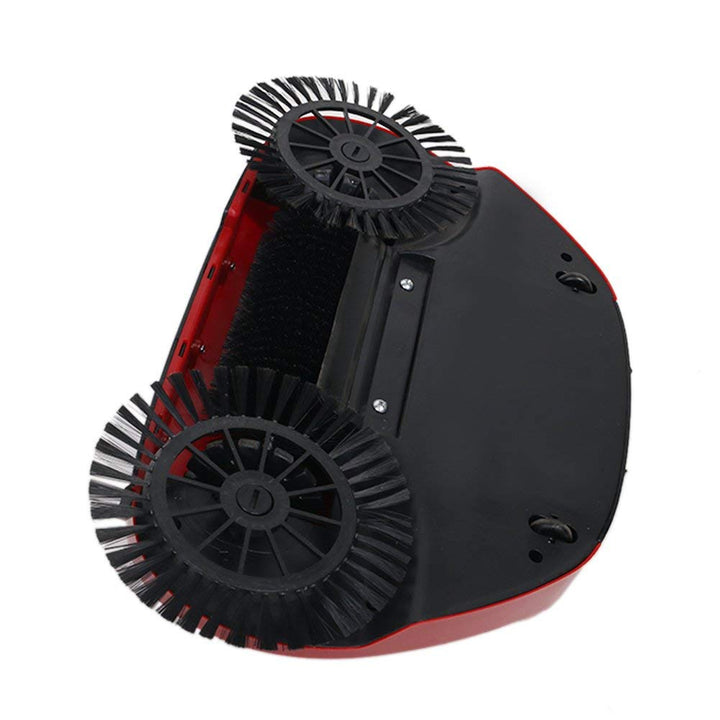Röd sopmaskin med roterande borstar för elfri och tyst rengöring av golvytor.