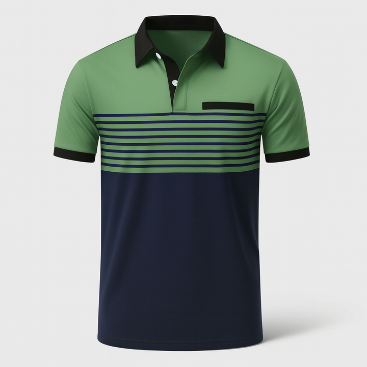 Stilren randig pikétröja herr, perfekt för sommar, golf och avslappnad fritid. Kortärmad komfort.