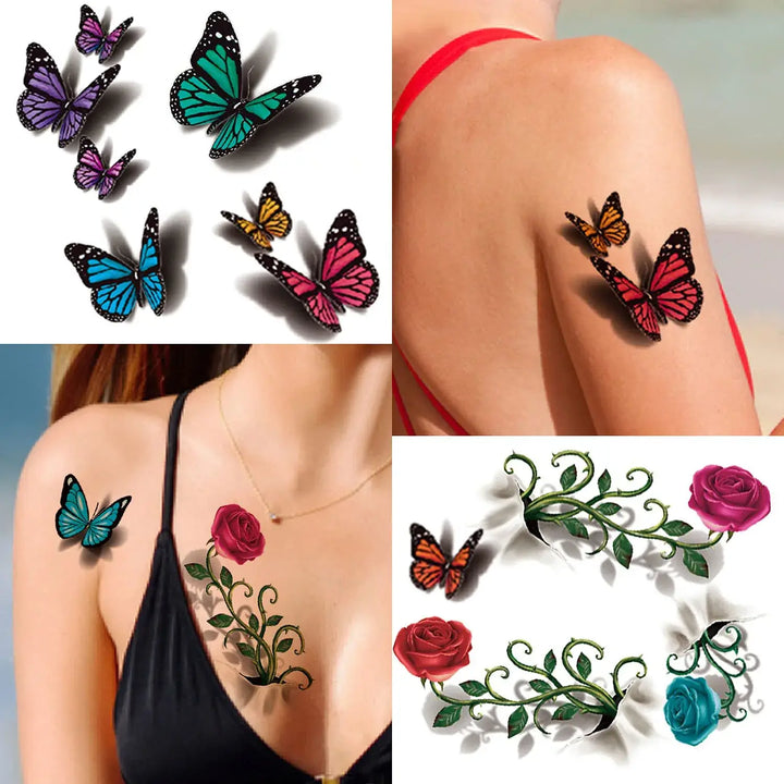 Elegant 3D blomtatuering, temporär huddekor. Lätt att applicera, säker för huden. Realistisk design.