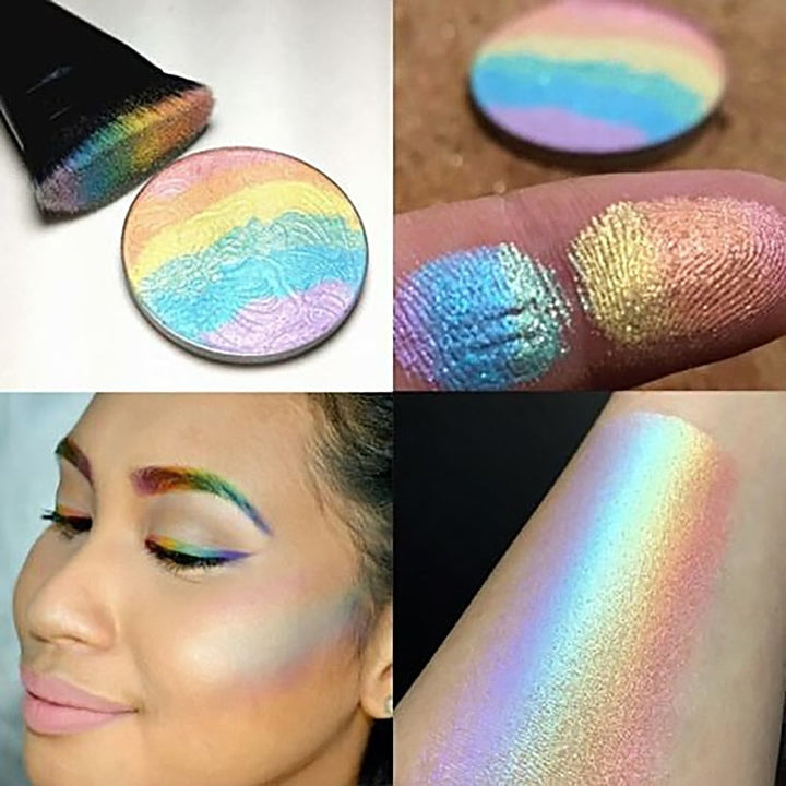 Swatches av skimrande regnbågshighlighter & contourpalett. Ger fantastisk glow för ansiktssmink.