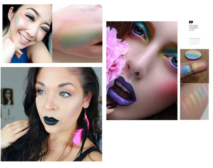 Produktbild på regnbågshighlighter contourpalett. Skapar iriserande glow, perfekt för ansiktsmakeup & skönhet.