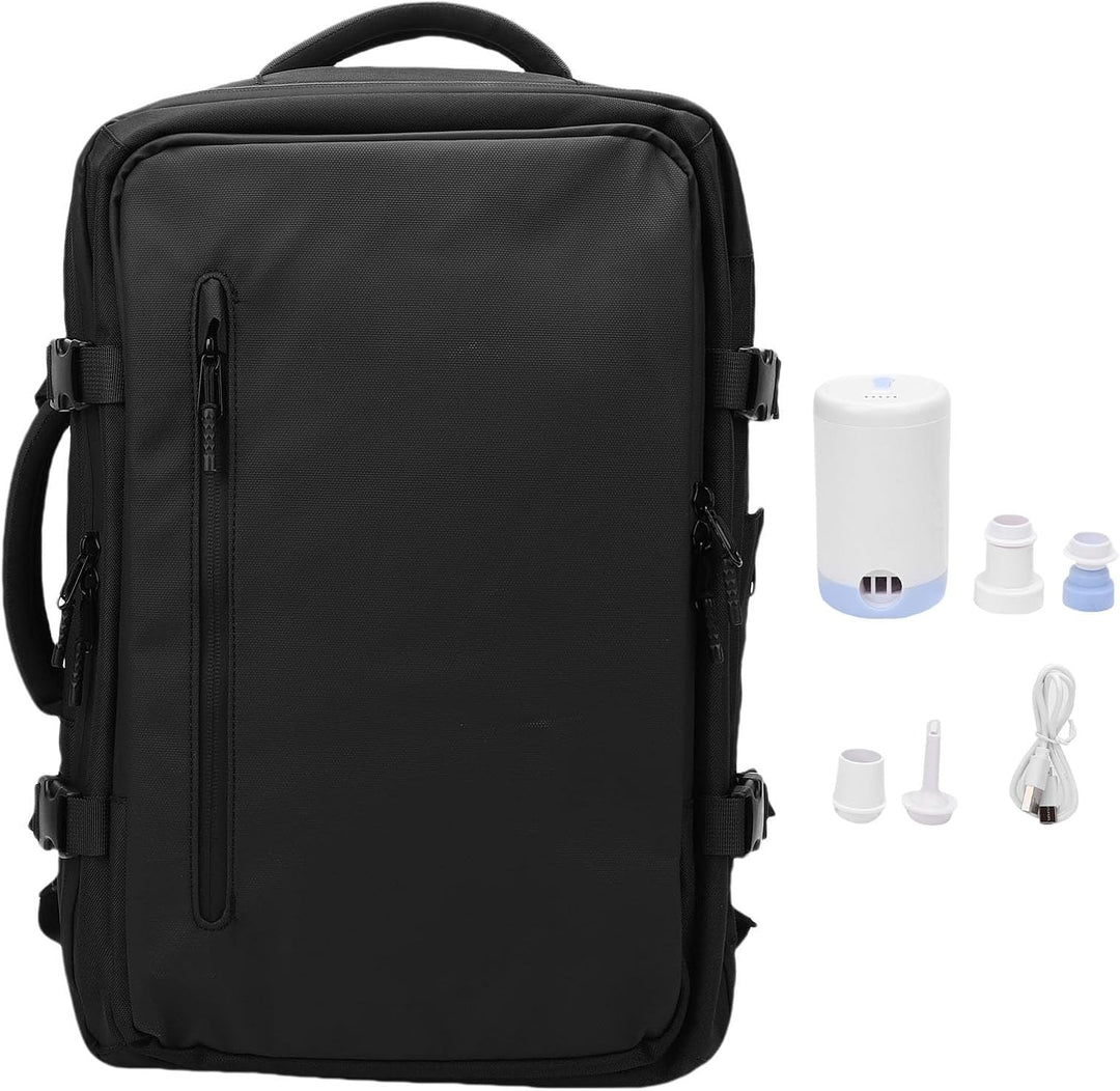 Reseryggsäck med pump: Expanderbar vakuumreseryggsäck 56-75L i svart, perfekt för smart resepackning & organiserat resebagage.