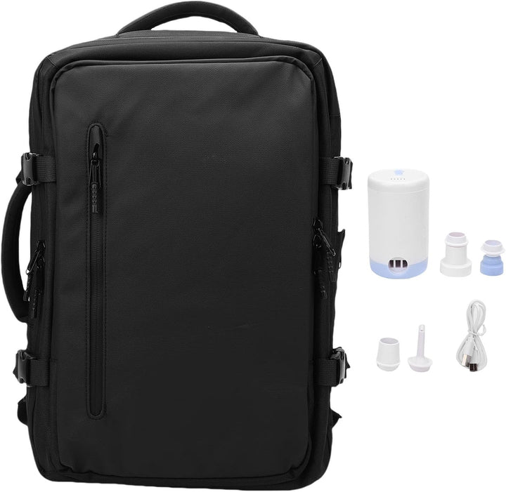 Reseryggsäck med pump: Expanderbar vakuumreseryggsäck 56-75L i svart, perfekt för smart resepackning & organiserat resebagage.