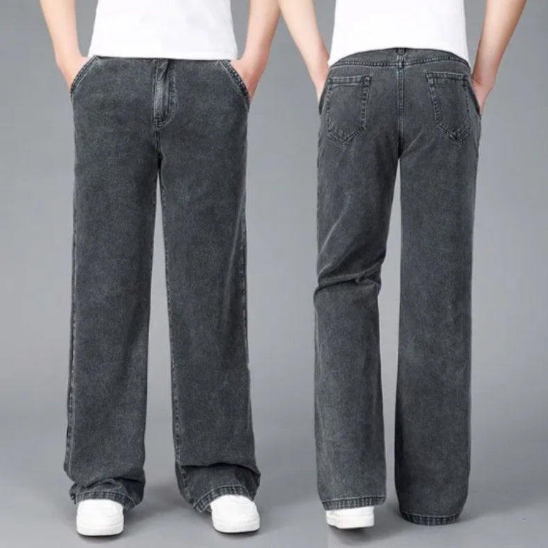 Blå retro bootcut herrjeans, tidlös stil med detaljerade sömmar för vardagsbruk.