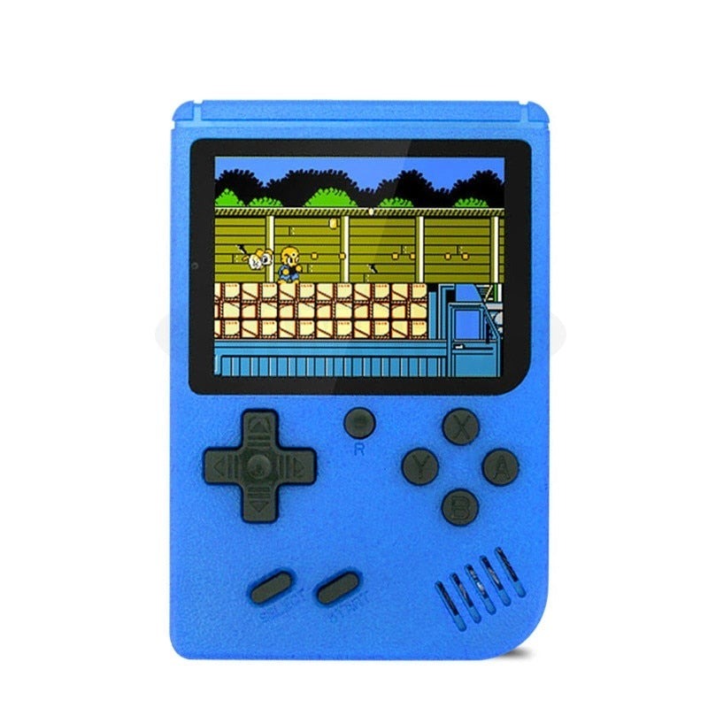 Retro handhållen spelkonsol och dess laddningskabel, redo för timmar av spel