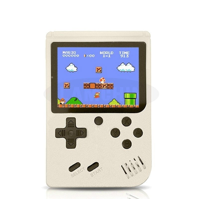 Flera retro handhållna spelkonsoler i olika färger: röd, gul, blå och grå