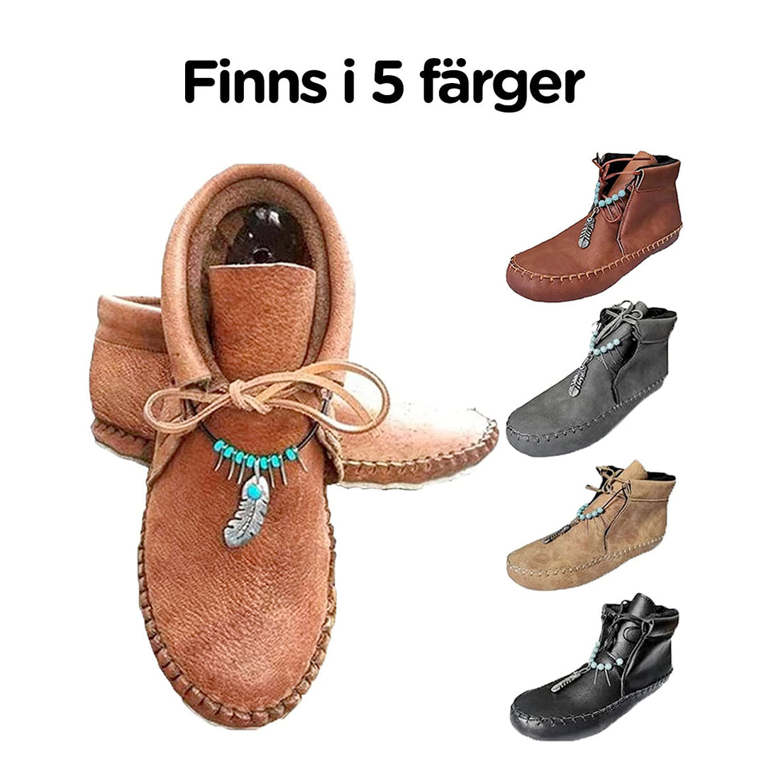 Retro mocka ankelstövlar för dam med ortopediskt stöd, idealiska för vinterväder och komfort.