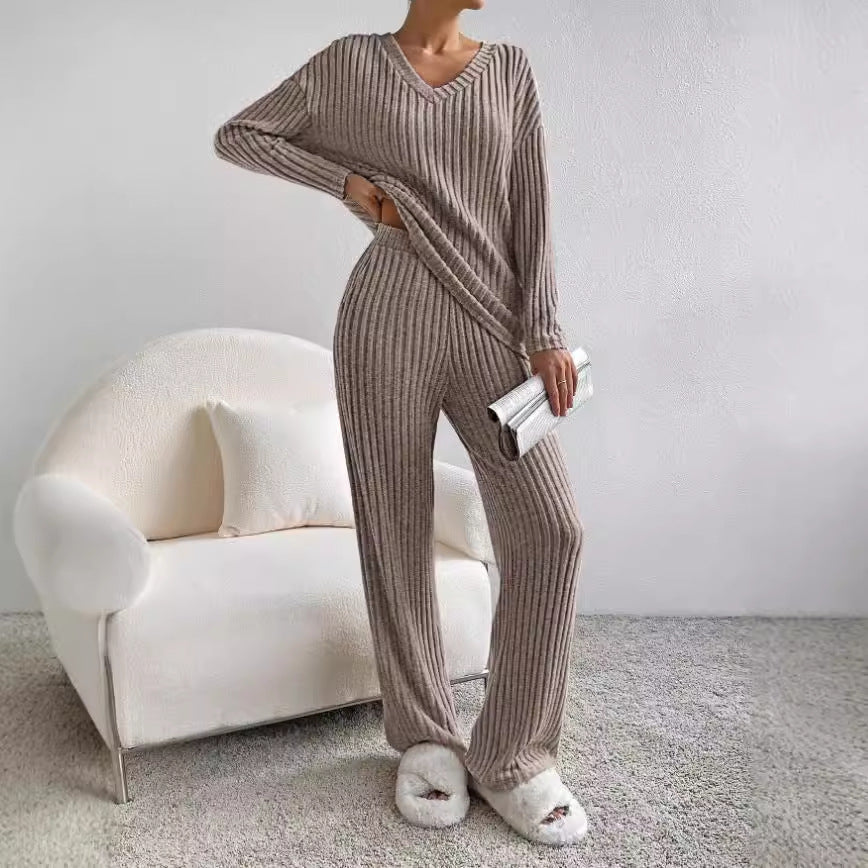 Trendigt ribbat lounge set, tvådelad hemmoutfit för avslappnad vardagsstil.