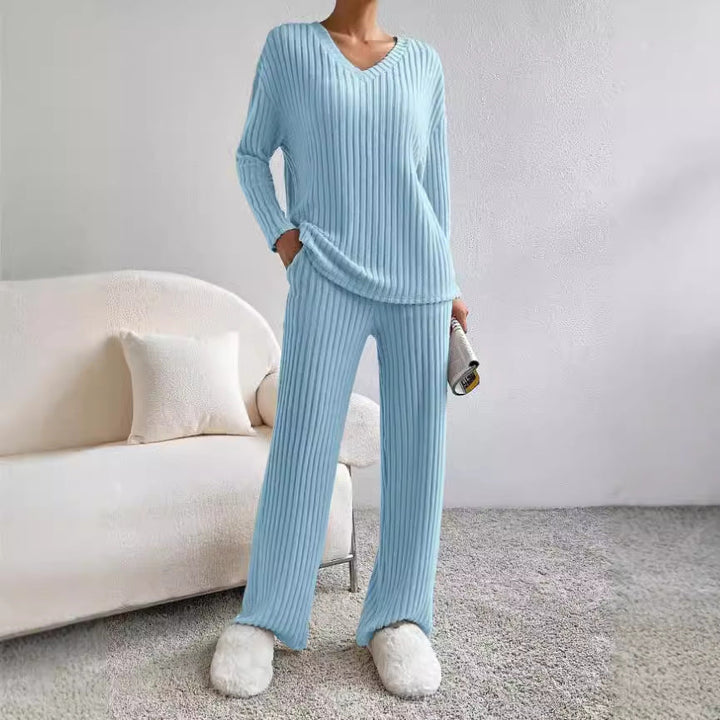 Dam ribbad lounge set, bekväma kvinnors hemmakläder med matchande över- och underdel.