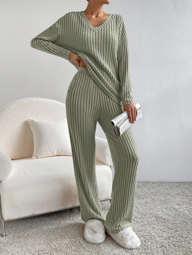 Komplett ribbad lounge set för dam, trendig och bekväm hemmakläder outfit.