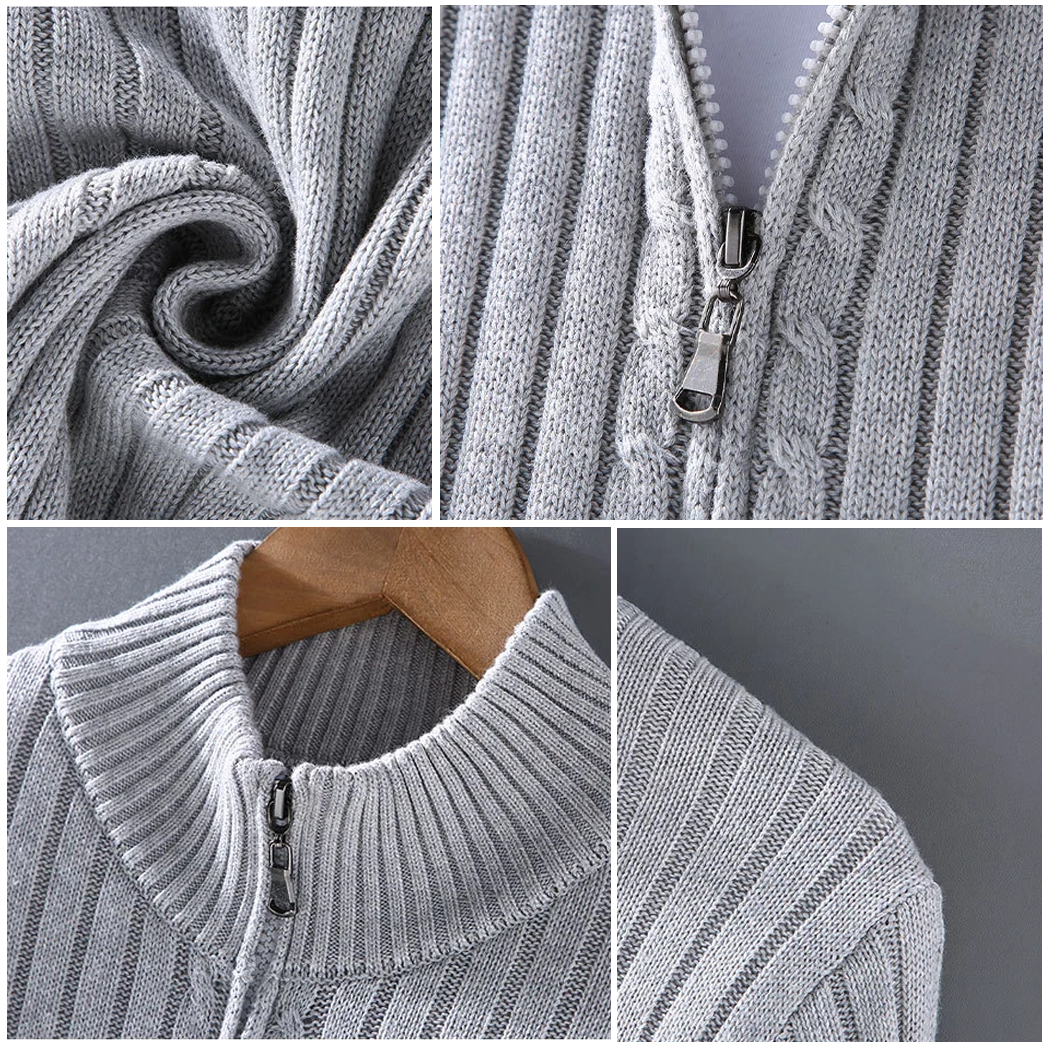 Mäns bekväma ribbstickade cardigan med robust dragkedja. En tidlös herrkofta för alla tillfällen.