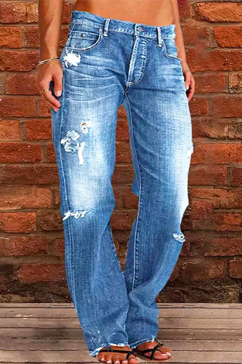 Rippade Jeans för Kvinnor med Knapp och Fickor