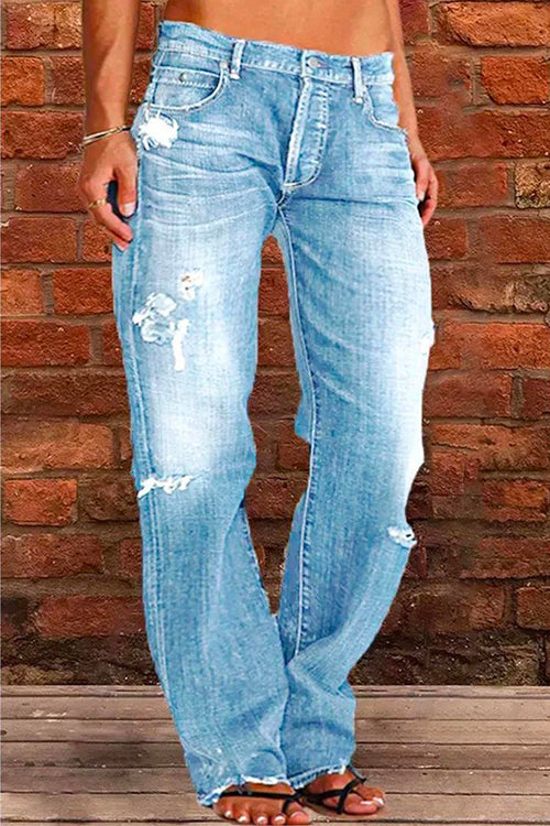 Rippade Jeans för Kvinnor med Knapp och Fickor
