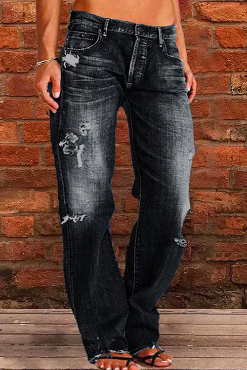 Rippade Jeans för Kvinnor med Knapp och Fickor