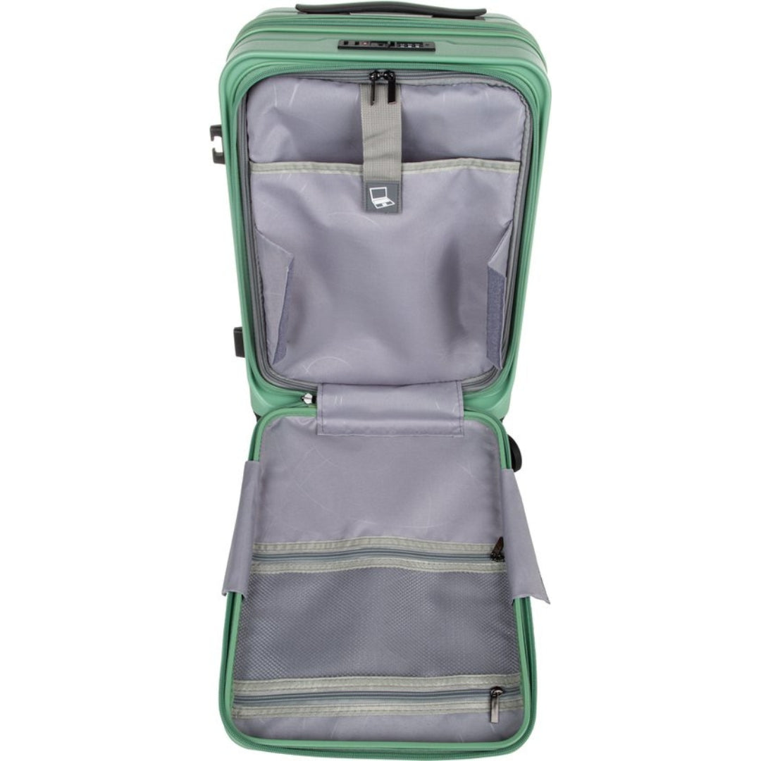 Organiserad packning i hårdskalsresväska, med laptopfack och TSA-lås för trygga resor.